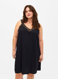 Strap dress in viscose with lace, Black, Model