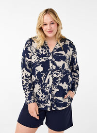 Long-sleeved shirt with print and V-neck, Navy Blazer AOP, Model
