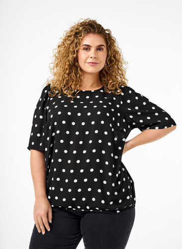 Zizzifashion Dotted blouse with short sleeves, Black W. White Dot, Model image number 0