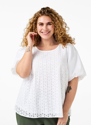Blouse with puffed sleeves and lace pattern, Bright White, Model image number 0