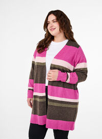 Long knit cardigan with wide stripes, Fuchsia Red Mel.Comb, Model