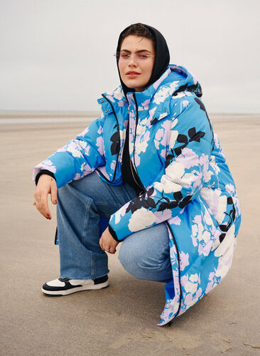 Long winter jacket with a floral print, French Blue Comb, Image image number 0