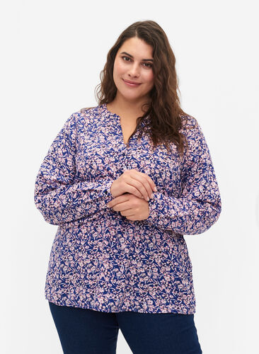 Zizzifashion FLASH - Long sleeve blouse with print, Strong Blue Flower, Model image number 0