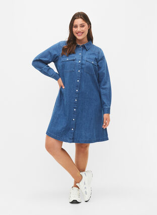 Zizzifashion Denim dress with buttons, Blue Denim, Model image number 2