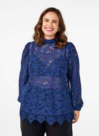 Lace blouse with bow detail, Estate Blue, Model