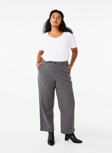 Zizzifashion Checked trousers with high waist and straight legs, Check, Model image number 0