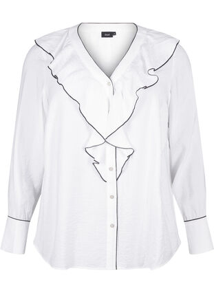 Zizzifashion Long-sleeved viscose shirt blouse with ruffle, Bright White, Packshot image number 0