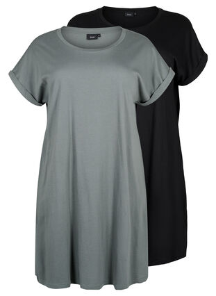 Zizzifashion 2-pack cotton dress with short sleeves, Balsam Green/Black, Packshot image number 0