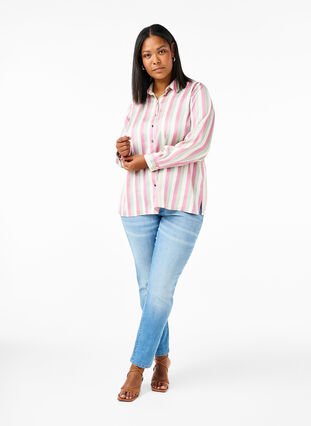 Zizzifashion Striped satin shirt with collar, Rose Stripe, Model image number 2