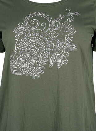 Zizzifashion Cotton t-shirt with rhinestone motif, Thyme w. Rhinestones, Packshot image number 2