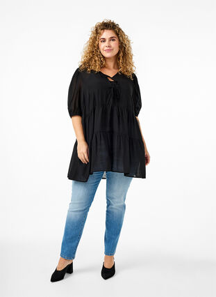 Zizzifashion A-line viscose tunic with lace-up detail, Black, Model image number 2