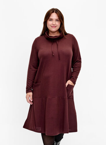 Zizzifashion Jersey dress with high neck and pockets, Fudge, Model image number 0