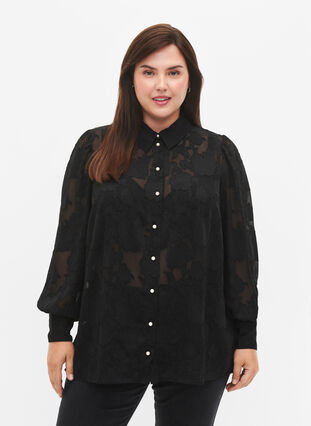 Zizzifashion Jacquard shirt with pearl buttons, Black, Model image number 0