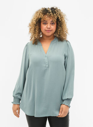 Zizzifashion Blouse with smock and v-neckline, Chinois Green, Model image number 0