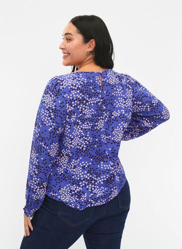 Zizzifashion FLASH - Long sleeved blouse with smock and print, Dazzling Blue AOP, Model image number 1