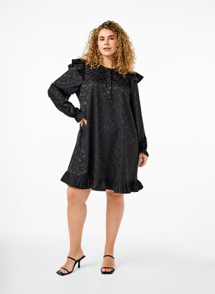 Zizzifashion Jacquard dress with long sleeves and ruffle detail, Black, Model image number 2