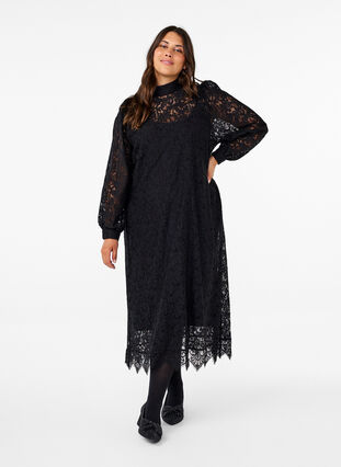 Zizzifashion Long-sleeved lace dress with high neck, Black, Model image number 0