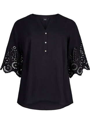 Zizzifashion Shirt blouse with broderie anglaise and 3/4 sleeves, Black, Packshot image number 0