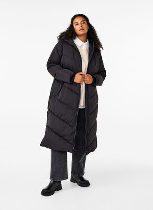 Zizzifashion Long puffer coat with hood and pockets, Black, Model image number 3