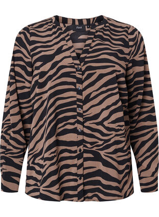 Zizzifashion V-neck shirt with zebra print, Black/Brown Zebra, Packshot image number 0