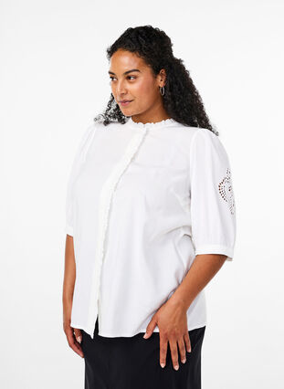 Zizzifashion Shirt blouse with ruffles and broderie anglaise, Bright White, Model image number 0