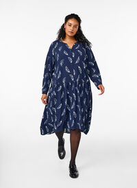 Midi dress with long sleeves, Navy B. Feather AOP, Model