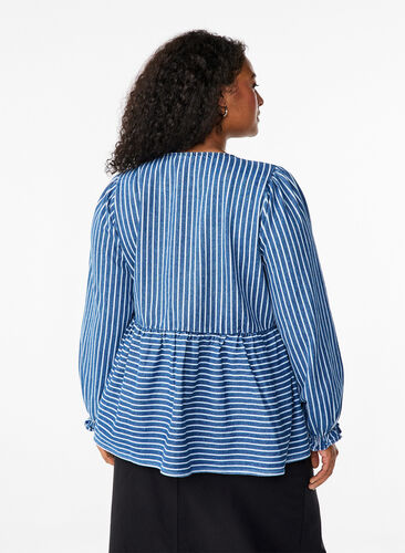 Zizzifashion Striped denim blouse with front tie, Blue Denim Stripe, Model image number 1