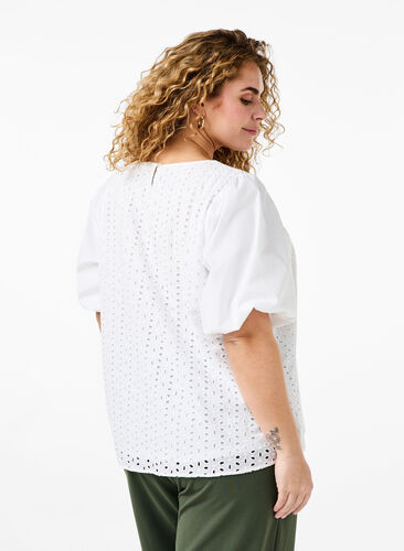 Blouse with puffed sleeves and lace pattern, Bright White, Model image number 1