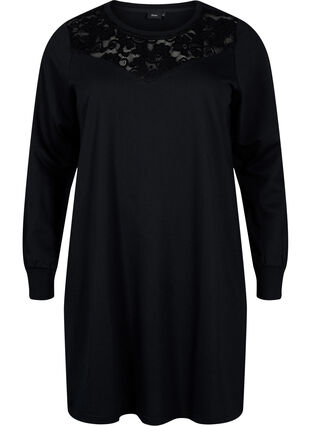 Zizzifashion Sweat dress with lace, Black, Packshot image number 0