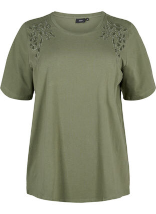 Zizzifashion Organic cotton T-shirt with embroidery details, Thyme, Packshot image number 0