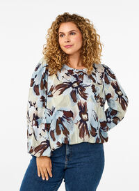 Long-sleeved blouse with print and button, Grey Flower AOP, Model