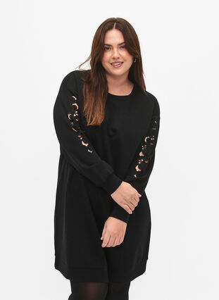 Zizzifashion Sweat dress with embroidered details, Black, Model image number 0