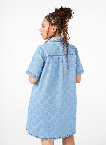 Zizzifashion Denim dress with destroy pattern and short sleeves, Blue Denim, Model image number 1