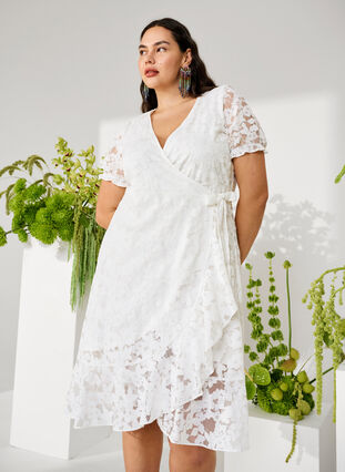 Zizzifashion Wrap dress with lace and short sleeves, Bright White, Image image number 0