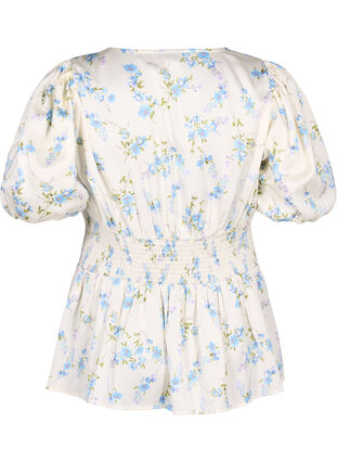 Zizzifashion Floral satin blouse with puff sleeves, Off White Blue Fl., Packshot image number 1