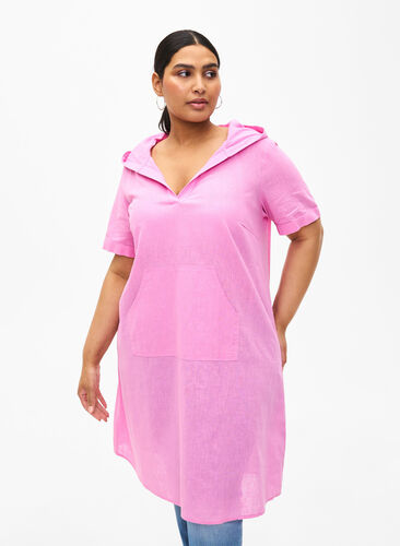 Zizzifashion Cotton blend hooded dress with linen, Rosebloom, Model image number 0