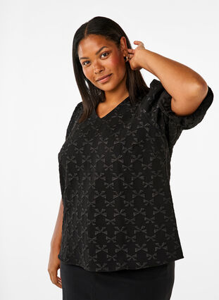 Zizzifashion Short-sleeved jacquard blouse with bows, Black W. Bow, Model image number 0