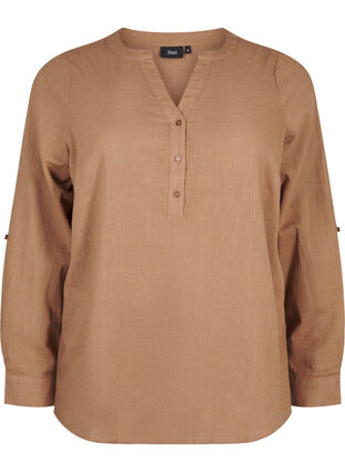 Zizzifashion Cotton shirt blouse with v-neck, Coca Mocha, Packshot image number 0