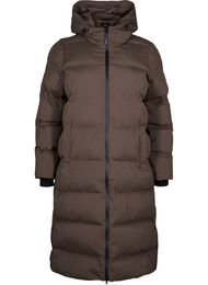 Long puffer winter coat with hood, Chocolate Brown, Packshot