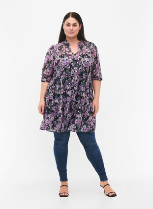 Zizzifashion Tunic with floral print and lurex, Black Small Fl. AOP, Model image number 2