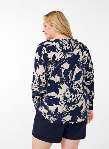 Zizzifashion Long-sleeved shirt with print and V-neck, Navy Blazer AOP, Model image number 1