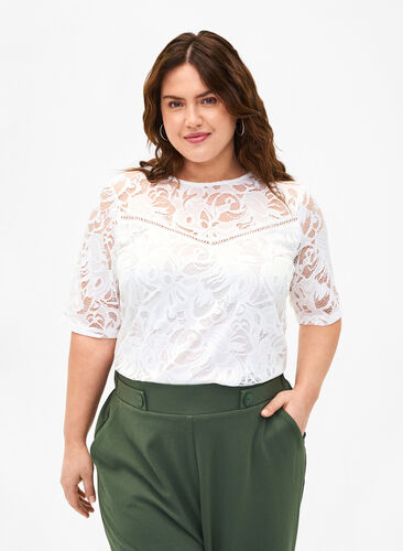 Zizzifashion Lace blouse with short sleeves, Bright White, Model image number 0