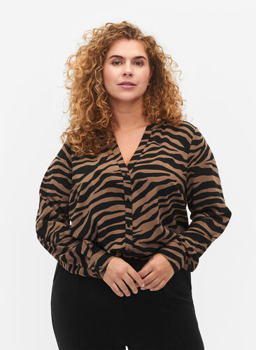 Zizzifashion V-neck shirt with zebra print, Black/Brown Zebra, Model image number 0