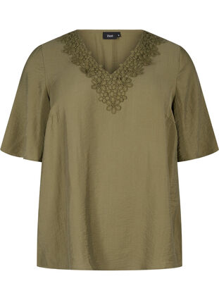 Zizzifashion Viscose blouse with v-neck and embroidery detail, Winter Moss, Packshot image number 0