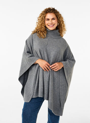 Zizzifashion Poncho with high neck, Medium Grey Melange, Model image number 0