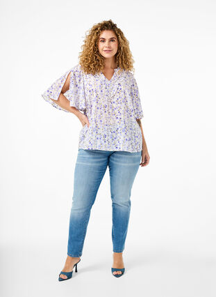 Zizzifashion V-neck short sleeve blouse with floral print, Sand Verbena AOP, Model image number 2