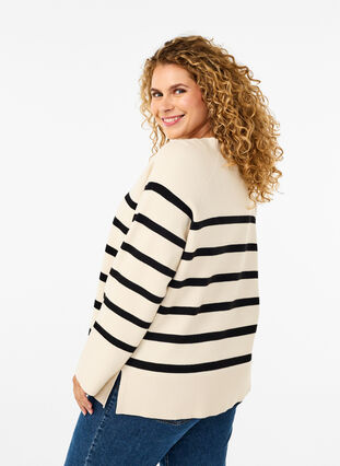 Zizzifashion Striped knitted blouse with round neck, Birch w. Black, Model image number 1