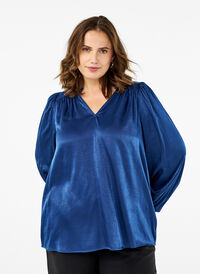 Long-sleeved blouse with ruffles and v-neck, Estate Blue, Model