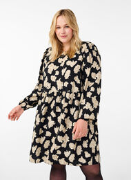 Long-sleeved dress with print and bows, Black AOP, Model