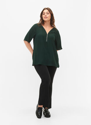 Zizzifashion V-neck blouse with zipper, Scarab, Model image number 2